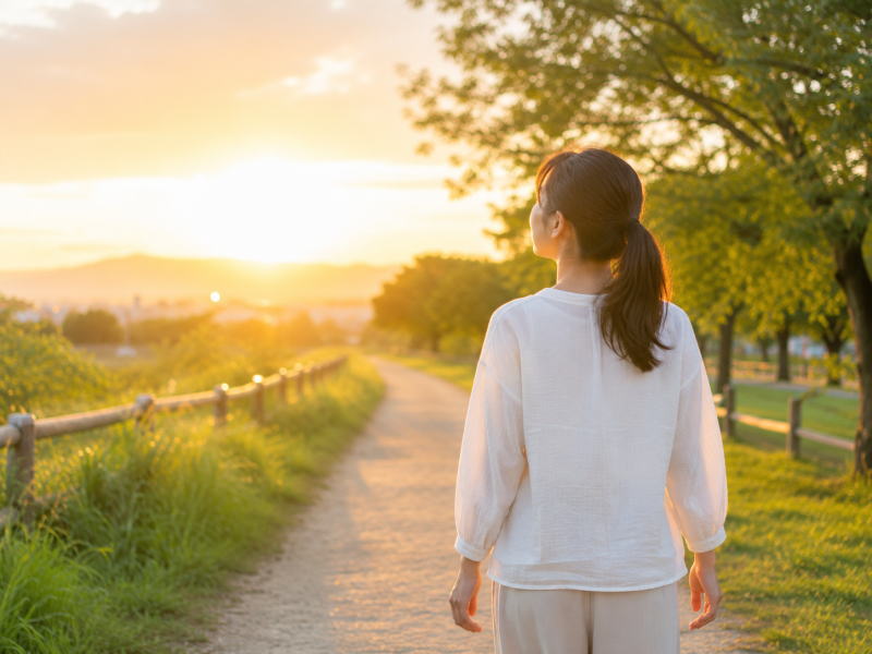 夕日の中を穏やかに歩く女性