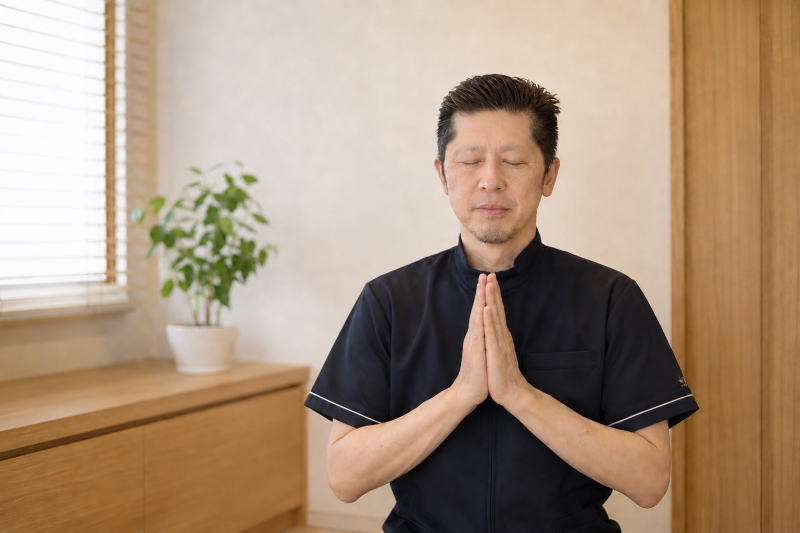 目を閉じて合掌しながら遠隔ヒーリングを行う院長の金子雄一